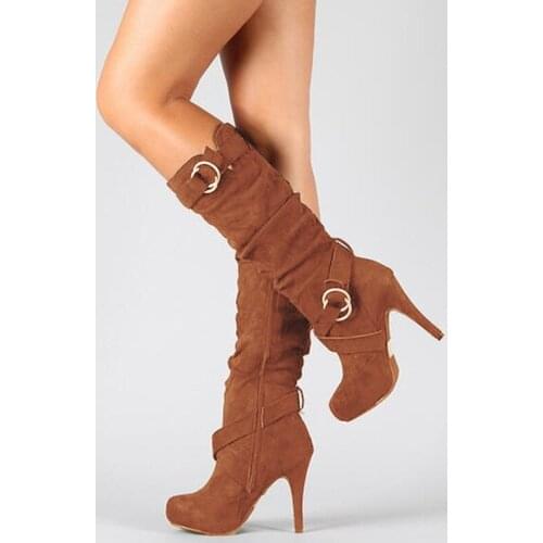 SexyWomen Boots Buckle Belt Flocking Sexy Knee-length High-top Women Boots Stiletto Pointed Toe Thick-soled Fashion Ladies Boots