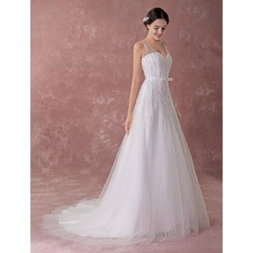 Wedding Dresses Sequin A Line V Neck Bow Sash Bridal Gowns With Train