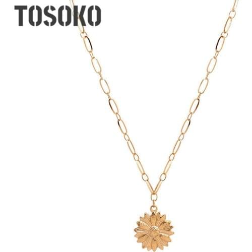 TOSOKO Stainless Steel Jewelry Flower Daisy Pendan Necklace Fashion Trendy Long Sweater Chain For Women BSM040