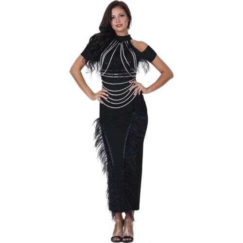 S Curve Feathered Evening Gown Off Shoulder Short Sleeve Beaded Chain Tassel Back Slit Long Maxi Dress