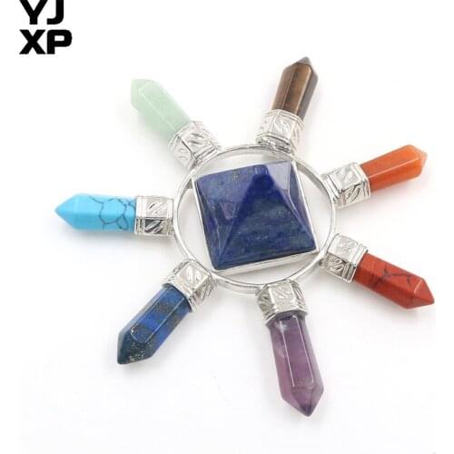 YJXP Silver Plated Energy Transmitter Pendant 7 Chakra Hexagonal Column Lapis Lazuli Square Pyramid Spiritual Balancing Jewelry