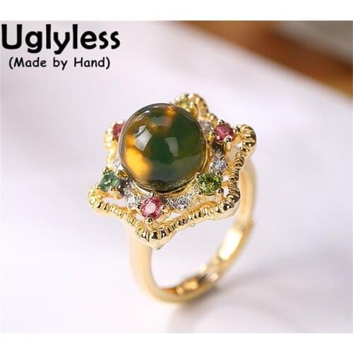 Uglyless Natural Blue Amber Tourmaline Jewelry Sets for Women Luxury Dress Necklaces Rings Colroful Flowers Pendants + Chains