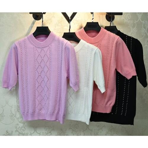 2021 Spring womens brand new high quality pearls beading knitted T-shirts Fashion knitting Tee tops B586