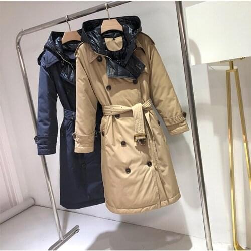 YU I H Store 2020 The New British style Womens Double-breasted Double-faced Hooded White duck down Down Jacket