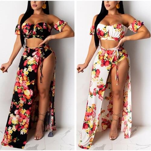 Women Two-piece Clothes Set Boho Dresses Floral Printed Pattern Boat Neck Short Sleeve Crop Tops and Skirt Black/ White 2021
