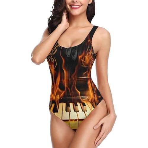 Womens Retro High Cut Low Back One-Piece Swimwear Bathing Suits Monokini Abstract Piano Villain Hot Music