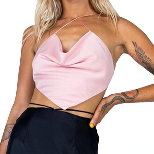 Women Spaghetti Straps Camis Solid Sling Tops Pleated Low Neck Skinny Clubwear Backless Cross Halter Camisoles Short Vest Tops