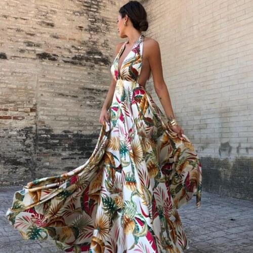 Donsignet New Bohemian Fashion Sleeveless Backless V-Neck A-LINE Dresses for Women Summer Print Neck-mounted Woman Dress
