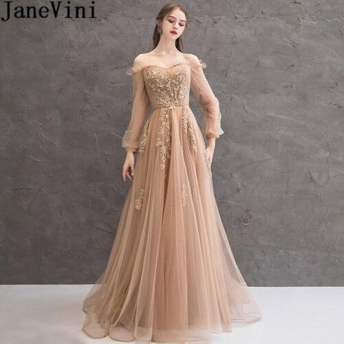 JaneVini Elegant Ladies Long Prom Dresses Sweep Train Tulle Illusion Long Sleeves Party Gowns Lace Appliqued Formal Gala Dress