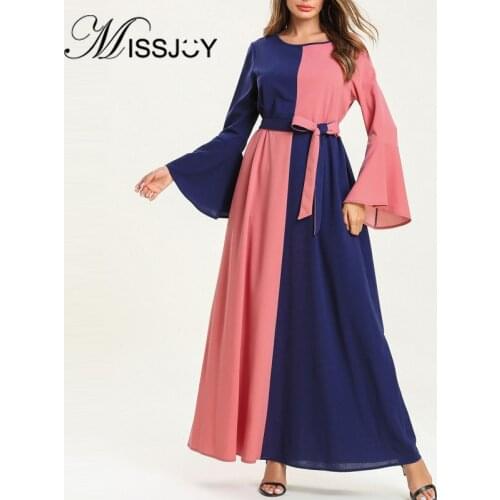 MISSJOY Fashion 2019 Long Flare Sleeves O-Neck Patchwork Women Dresses Muslim High Waist Abaya Kaftan Casual Loose Elegant Robe