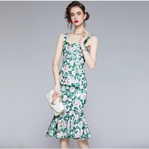 Runway Summer Sexy Spaghetti Strap Mermaid Dress Women Floral Print Vintage Sleeveless Elegant Holiday Midi Dress k8198