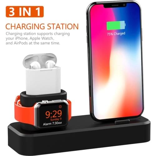 Besegad 3 in 1 Silicone Gel Charging Holder Dock Station Charger Stand cargador for Apple Watch iWatch AirPods iPhone X Xs Max