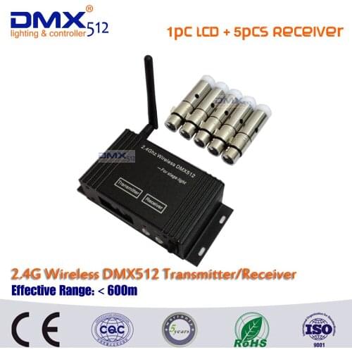 DHL Free Shipping DMX512 wireless LCD Display cable transmitter receiver 2.4GHz XLR DJ Lightning Controller+5pcs MINI Receiver