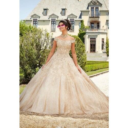 Glitter Quinceanera Dresses Party Prom Luxury Crystal Lace Off The Shoulder Ball Gown Sweet 16 Dress Bow Back Tulle Beading