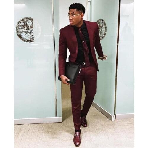 Burgundy Two Pieces Mens Suits 2020 Slim Fit Wedding Grooms Tuxedos Cheap One Button Formal Prom Suit Jacket And Pants With Tie