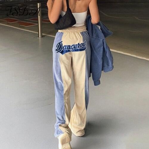 FSDA Autumn Winter Wide Leg Pants Women 2021 Casual Print Letter Blue Casual Y2k Fashion Vintage High Waist Oversized Trouser