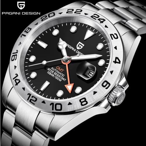 Neue PAGANI DESIGN männer automatische datum mechanische uhr GMT uhr 100m wasserdicht saphir edelstahl uhr uhr leucht