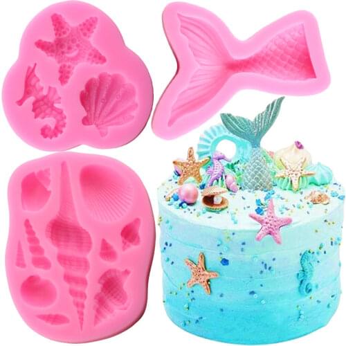 DIY Lovely Shell Starfish Conch Sea Silicone Mold Fish Mermaid Tail Fondant Cake Decorating Tools Candy Clay Chocolate Moulds