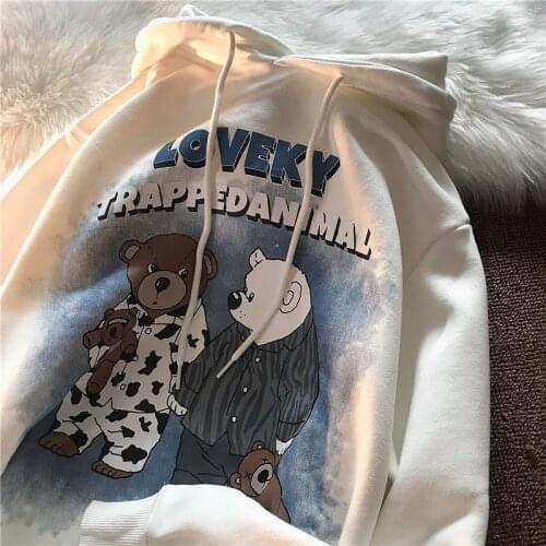 Cotton Women Sweatshirts 2021 Autumn Cartoon Bear Print Hoodie Female Oversized Hoodies Teens Girls Cute Long Sleeve Tops Loose