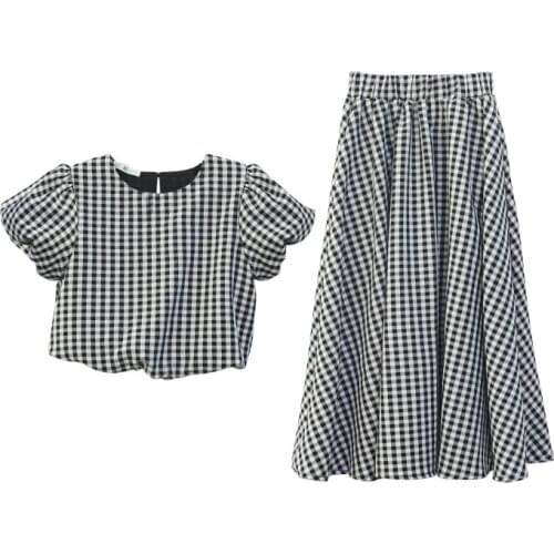 Kids Plaid Clothes Set 2021 New Girls Summer Set Elegant Puff Sleeve Tee and Skirt with Lining Cotton Suit Teen Two Pcs,#6217