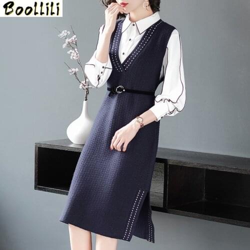 Boollili Two Piece Set Women Clothes 2020 Spring Autumn Knitted Dress for Women Vintage Office White Shirt Tops Ensemble Femme