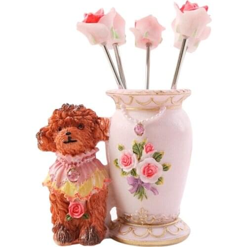 Cute Teddy Dog Gorgeous Roses Stainless Steel Fruit Fork Suit Creative Cake Dessert Fork Stir Bar Value Set Home Decoration