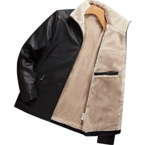 Men autumn winter new Cashmere thick leather jacket casual plus size leather Outerwear warm Long Sleeve wool liner Coats solid