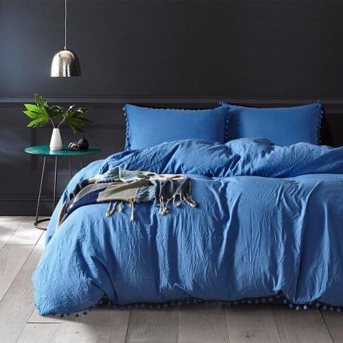 Soft Washed Solid Color Bedding Set Blue Pom Fringe Duvet Cover Set Bed Cover and Pillow Sham with Tassels Fluffies Fringe