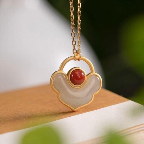 Non-Mainstream Style Red Bead Lucky Luck Safety Lock Silver Plated Hetian Jade Southern Red Agate Womens Chain Pendant
