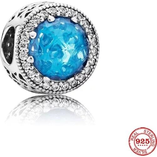 New Original Silver Color Lake Blue Pave Round Openwork Bead Fit European Pandora Charms Bracelet Bangles Diy Jewelry P086-hulan