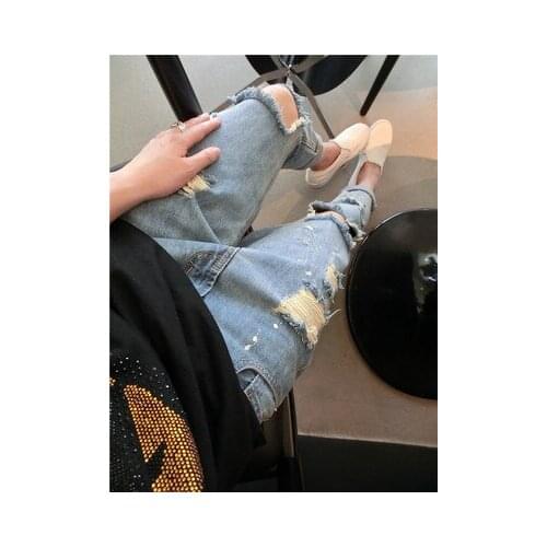 Spring and autumn new product nine point jeans womens clothing large size loose show thin beggar hole small feet tide wholesale