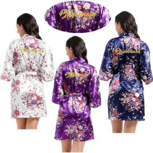 Wholesale Bridesmaid Letter Gold Glitter Daffodil Women Floral Kimono Robe Satin Bride Party Spa Wedding Bathrobes T23