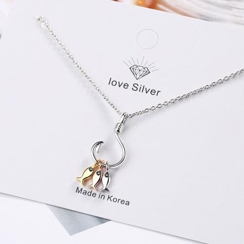 925 Sterling Silver Cute Three Small Fish Pendant Necklace With Fish Hook Charms Jewelry For Best Friend Gift S-N376