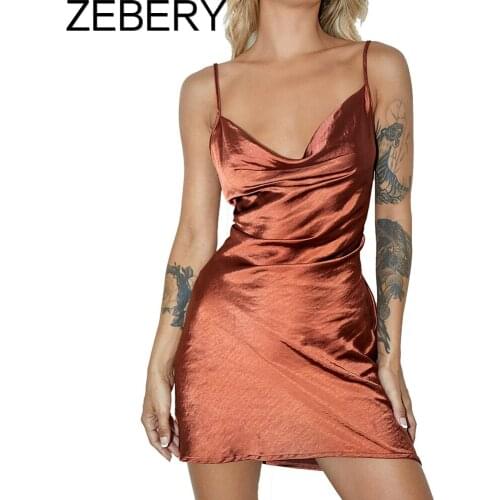 ZEBERY Sexy Satin Party Dress Night Club Women Sleeveless Summer Solid Bodycon Dress Female Spaghetti Strap Vintage Mini Dress