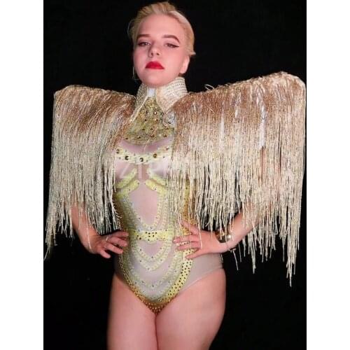 Sexy Gold Rhinestones Fringes Bodysuit Evening Birthday Celebrate Outfit Bar Women Singer Dancer Stage Big Stone Clothes
