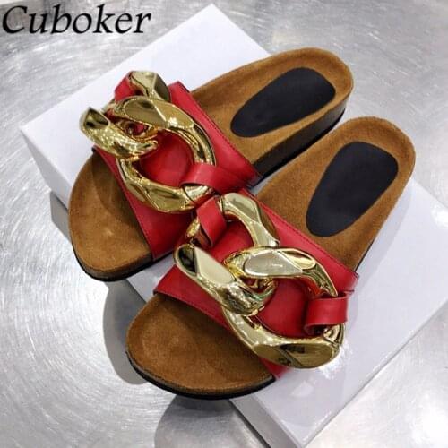 Brand Designer Women Platform Slippers Gold Chain Decor Peep Toe Flat Causal Mules Summer Flip Flop Vacation Beach Shoes Woman