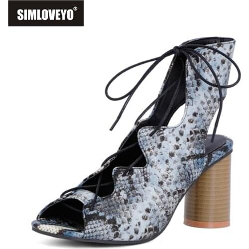 SIMLOVEYO 2021 Sexy Sandals Snakeskin Ankle Cross Lace Up Slingbacks Open Toe 8cm Round Heels Size 32-48 Blue Black Brown A4343