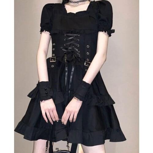 Dark Japanese Style Cake gothic Dress Waist Hugging Slim Square Collar Black Full Body Dress Girls 2020 New Summer lolita dress