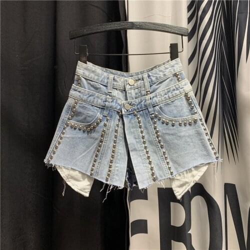 Heavy Beaded Womens Shorts Summer Fake Two Piece High-waisted Wide-leg Jean Shorts Pantalones Cortos De Mujer