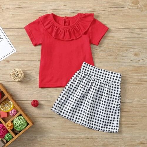 6M-5Y Baby Girl Clothes Set Kids Red Ruffles Short Sleeve Tops Tee T-Shirt Plaid Skirts Casual Outfits Sets комплекты одежды L