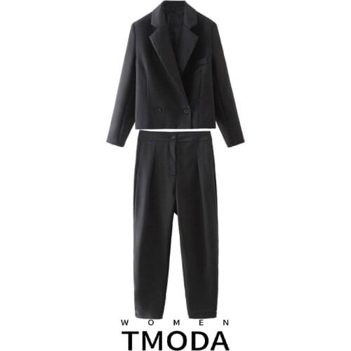TMODA1774 Za 2021 Autumn Suit Set Women Black Short Blazer Jacket High Waist Harem Pants Leisure Female Chic Two Piece Sets