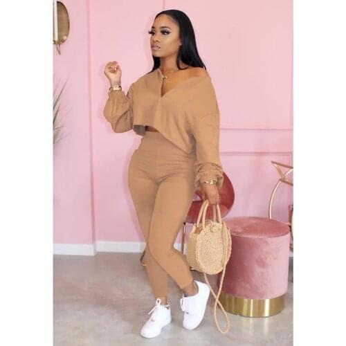 Casual 2 Piece Sets Womens Outfits V Neck Solid Color Zipper Design Plus Size Sets Fall 2021 Womens Fashion S-4XL