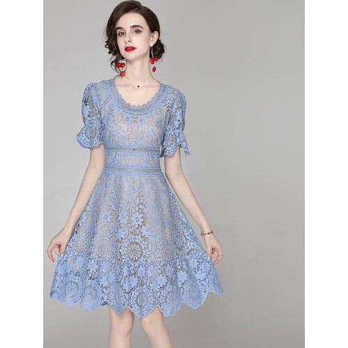 2021 High-End Custom Summer Dress French Heavy Lndustry Hollow Hook Flower Water-Soluble Lace Dress