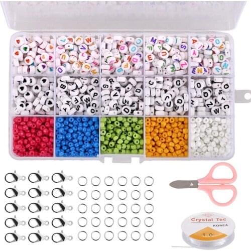 900 Pieces 4mm Glass Seed Beads with 700 Pieces Letter Beads for DIY Bracelets Necklaces Key Chains and Kid Jewelry