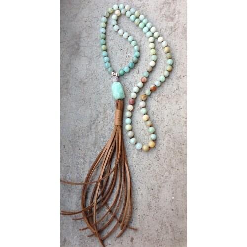 YA2335 Amazonite Faceted Chunky Beads Leather Tassel Handmade Necklace 30inch