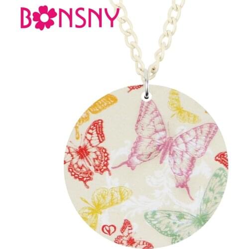 Bonsny Acrylic Round Dragonfly Butterfly Necklace Cute Insect Animal Pendant Jewelry For Women Girls Kids Novelty Gift Accessory
