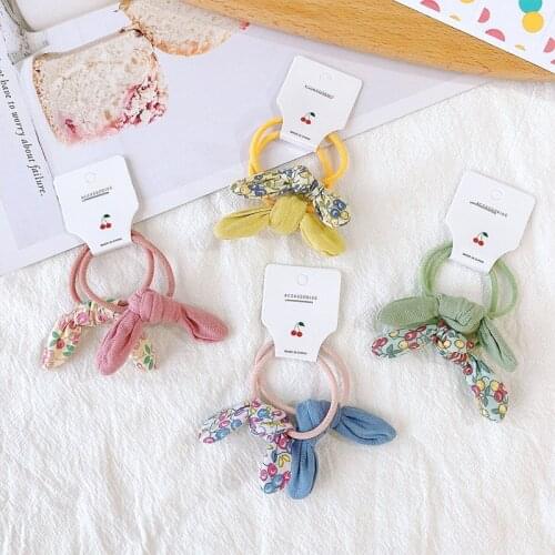 2 Pcs/set Children Floral Hair Rings Rabbit Ears Fabric Elastic Hair Bands Bowknot Hair Ties for Girls Ponytail Hair Accessories