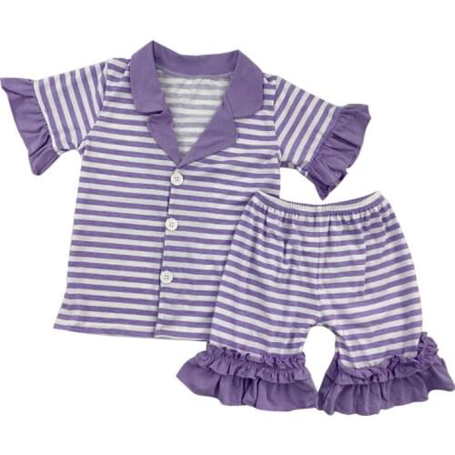 Children girl simple purple stripe pajamas children girl ruffle shorts pjm set20