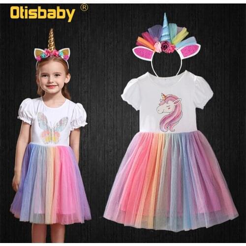 Summer Birthday Unicorn Party Girls Rainbow Tutu Dress Christmas Infant Girl Butterfly Print Princess Dress Unicorn Frocks Kids