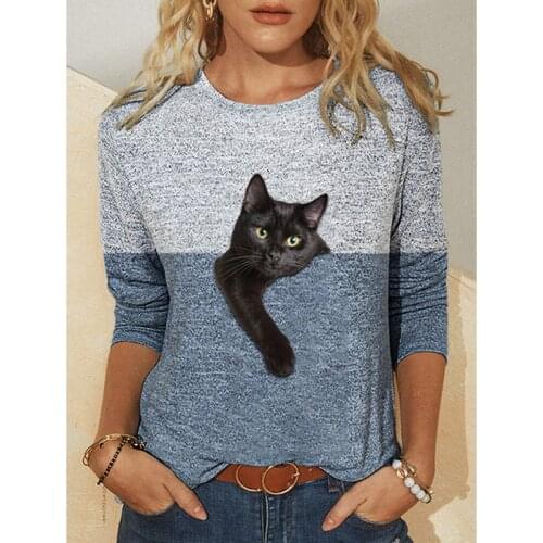 Printed T-shirt 2021 summer new hot sale womens long-sleeved 3D printed cat cartoon pattern funny O-neck pullover clothes